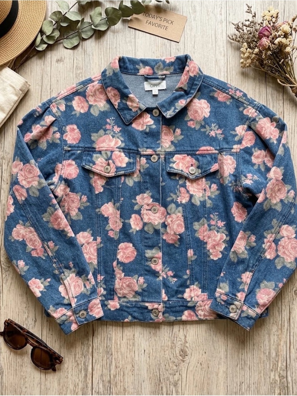 ODDY Blue Denim Jacket with Pink Rose Print.